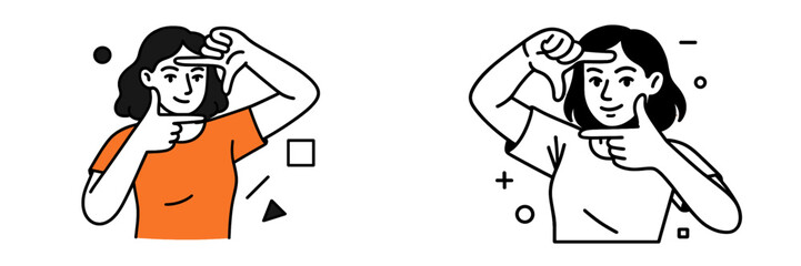 Minimalist line art of a woman making a finger frame gesture for focus and perspective creative concept isolated on white background