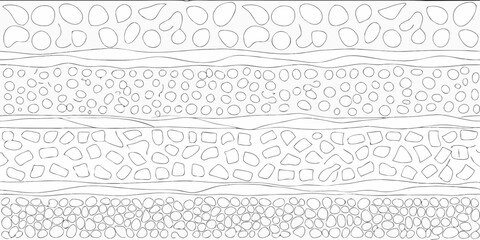 Abstract seamless pattern of hand drawn organic shapes and circles in horizontal rows