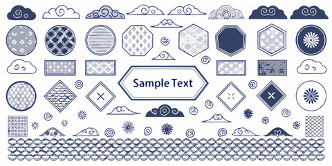 Collection of decorative asian inspired elements including clouds frames and patterns in blue and white