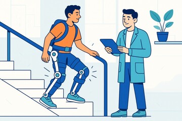 Obraz premium Man using robotic exoskeleton climbing stairs assisted by doctor with clipboard in rehabilitation center on light background in creative style. Ai generative