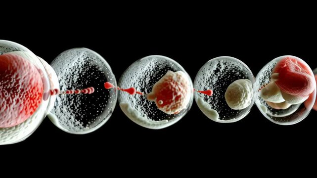 Vitro Fertilization concept ,Red translucent spherical membrane bubble with microscopic red cell sphere showing embryo