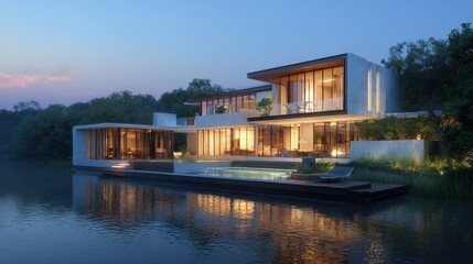 3d rendering of modern house by the river house, luxury, villa, modern, architecture, building, exterior, residential, property, designer