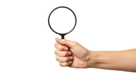 a hand holding magnifying glass unveiling hidden details, exploration, and discovery, isolated on transparent background