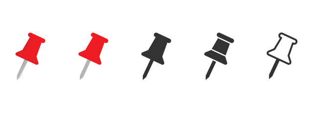Push pin icons set in different colors and styles. Red, black, and outline thumbtack illustrations for office, stationery, reminders, and digital design use