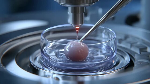 Vitro Fertilization concept ,Petri dish embryo microinjection needle with pipette manipulating cultured cell sphere