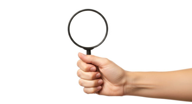 a hand holding magnifying glass unveiling hidden details, exploration, and discovery, isolated on transparent background