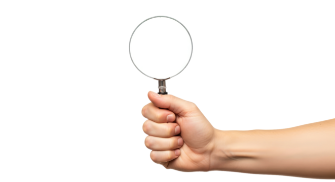 a hand holding magnifying glass unveiling hidden details, exploration, and discovery, isolated on transparent background