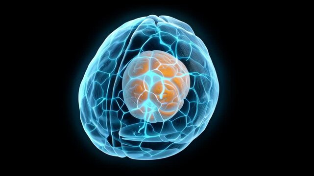 Vitro Fertilization concept ,Glowing blue brain neural cortex and hemisphere medical anatomy with orange tumor center