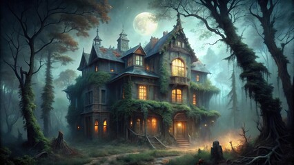 Enigmatic Mansion Hidden Deep Within an Ancient, Foggy Forest Under a Full Moon