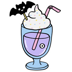 Halloween summer drink with whipped cream and colorful sprinkles in blue glass with pink straw and cute bat decoration for festive celebration