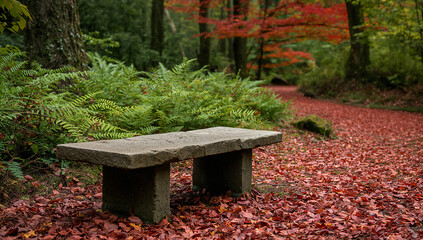 Naklejka premium Stone Bench Amidst Vibrant Red Leaves in Autumn Forest