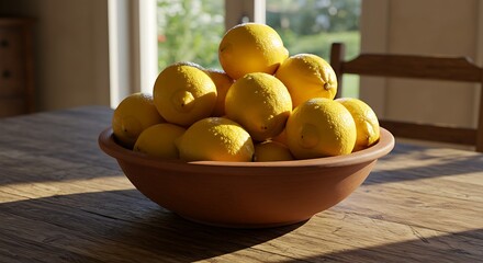 Fresh lemons in a bowl on a table.