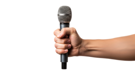 a hand holds a microphone ready to announce, speak, and share, isolated on transparent background