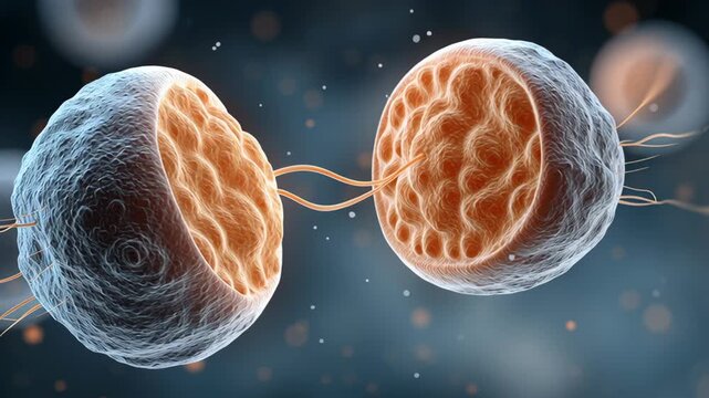 Vitro Fertilization concept ,Dividing cell mitosis showing nucleus, cytoplasm, membrane and chromosome detail dynamic microscopic