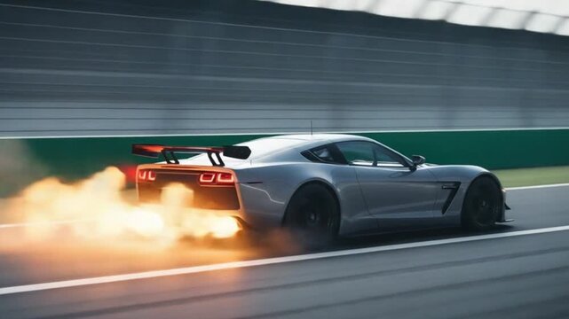 A Sports Racing Car Speeding with Flames and Smoke from the Exhaust