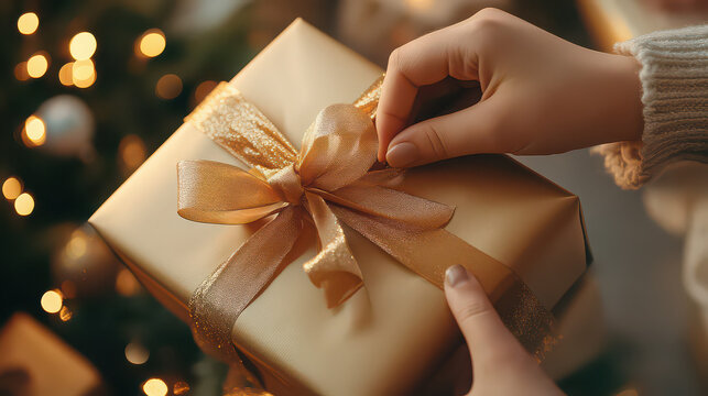 Closeup of a childs hands tying a golden ribbon on a christmas gift