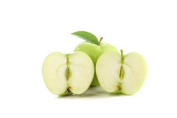 Fresh Green Apples from Shaanxi China - Whole and Sliced Halves on White Background