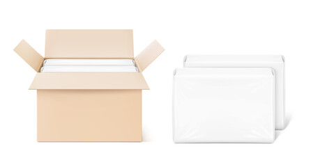 Realistic open kraft cardboard box with packaging bag mockup. Vector illustration isolated on white background. Suite for the presentation of diapers, pants, changing mats and etc.EPS10.