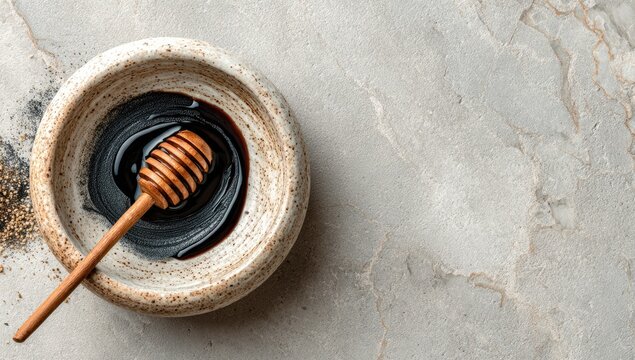 Dark syrup in a ceramic bowl, honey dipper