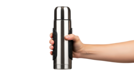 a hand holds a sleek, stainless steel thermos embracing warmth on the go, isolated on transparent background