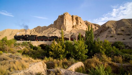 Fototapeta premium Steam train crossing a bridge in a desert landscape