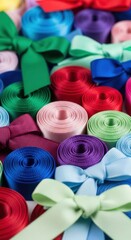 Colorful rolled ribbons and bows display in various shades for craft and gift wrapping
