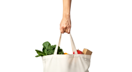 a hand holds a sustainable tote bag fresh produce, healthy choices, and ecofriendly living, isolated on transparent background