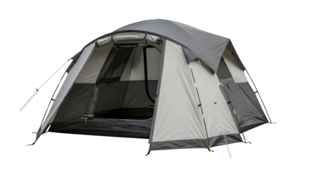 Gray and beige camping tent four person capacity outdoor recreation.