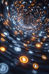 A swirling vortex of digital currency symbols, primarily Bitcoin, illuminated with bright orange and white lights, representing the dynamic nature of cryptocurrency.