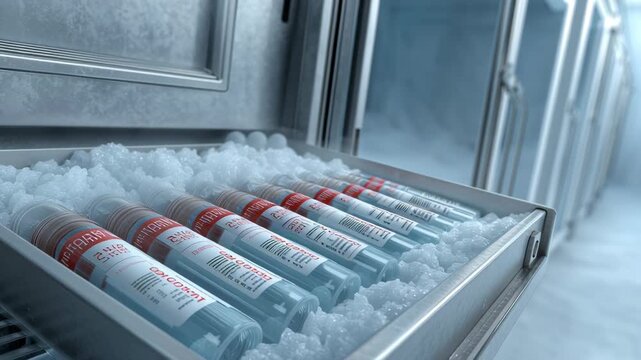 Vitro Fertilization concept ,Frozen vaccine vial cold storage freezer laboratory frost ice cryogenic medical vial cold chain