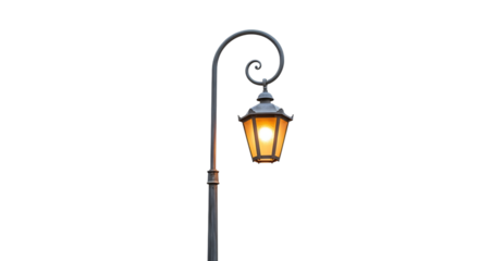 Vintage street lamp with a glowing bulb isolated on transparent background