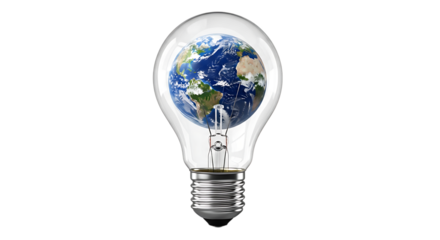Earth inside a light bulb isolated on transparent background