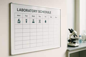 Weekly laboratory schedule board with scientific icons on whiteboard near microscope in modern lab interior with soft light background. Ai generative