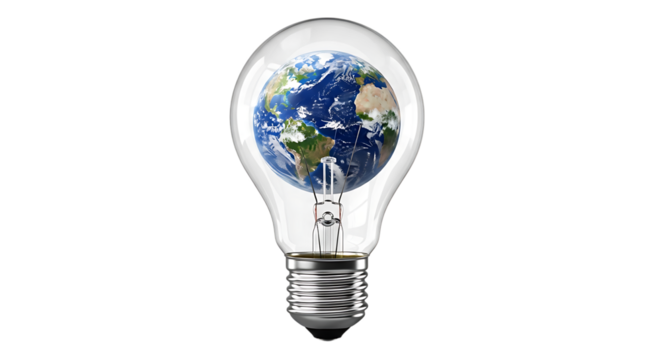 Earth inside a light bulb isolated on transparent background