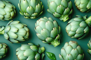 Fototapeta premium Stunning Flatlay Featuring French Artichokes on Pastel Green Background
