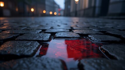Wet cobblestone puddle red reflection image