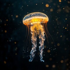 Captivating luminous jellyfish, a jewel of the deep sea, glows with an otherworldly golden light, gently drifting through the dark water illuminated by enchanting bokeh.