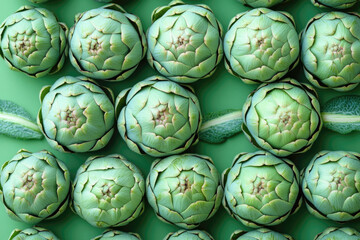 Obraz premium Elegant Flatlay of French Artichokes with Warm Pastel Green Backdrop