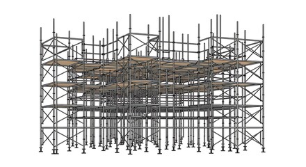 Intricate MultiLevel Scaffolding Structure with Wooden Planks and Metal Poles.