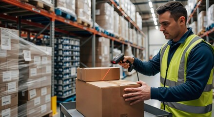 Caucasian man scans shipping box with barcode reader, working in a large logistics warehouse. Inventory management and supply chain concept.