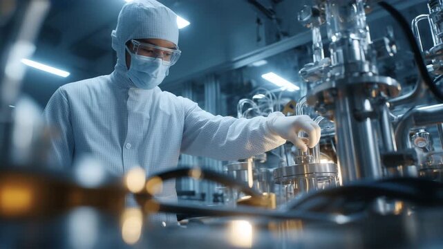 クリーンルームで日本人男性が装置を調整する様子