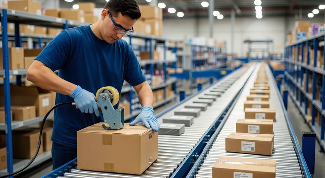 Caucasian man worker packaging cardboard box with tape dispenser on conveyor roller in distribution warehouse. Logistics and delivery service.