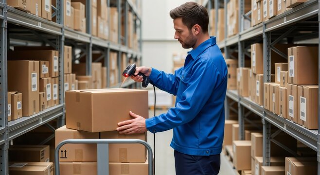 Man warehouse worker checking inventory with barcode scanner. Logistics and distribution professional using technology for stock management.