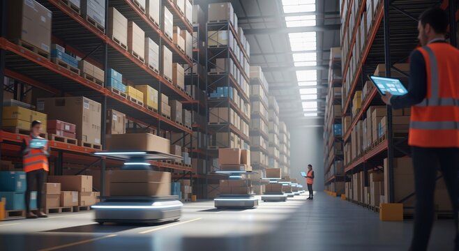 Man and woman manager using tablet in a smart modern distribution warehouse with automated guided vehicle robots. Automated logistics