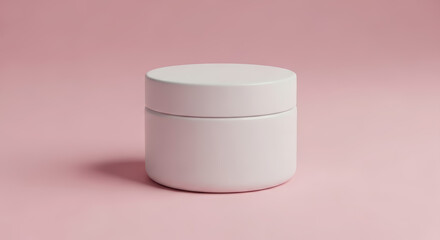 White cosmetic jar on a minimalist pink background, perfect for product display.