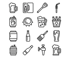 Obraz premium Outline icons for beer mugs, cans, bottles, kegs, and bar accessories Keywords: beer mug, beer can, beer bottle, beer keg, bottle