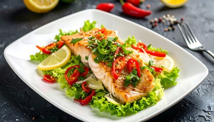 Pan-seared fish with noodles and salad