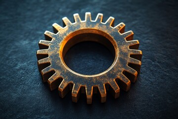 Striking top-down view of a standalone, patinated brass gear or cog on a dark, rough surface, emphasizing mechanical ingenuity, interlocking systems, and industrial design principles.