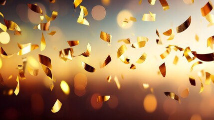 Golden confetti falling gracefully against a warm abstract background, evoking celebration.
