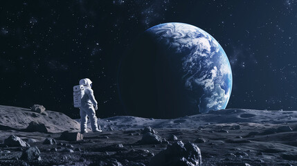 Lone Astronaut on the Moon Gazing at Earth – Space Exploration Cinematic Scene”